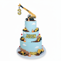 Three-tier construction birthday cake with toy vehicles and white background